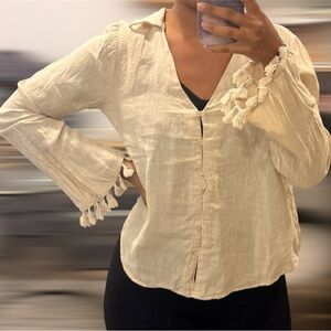 Zara Cream Button-Front Blouse with Tassel Trim
